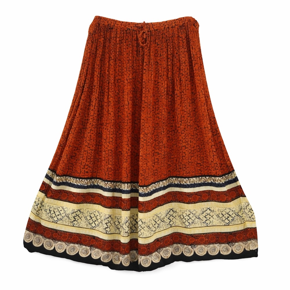 Zoey & Beth Boho Maxi Skirt Sz M Rust Orange Print Drawstring Rayon